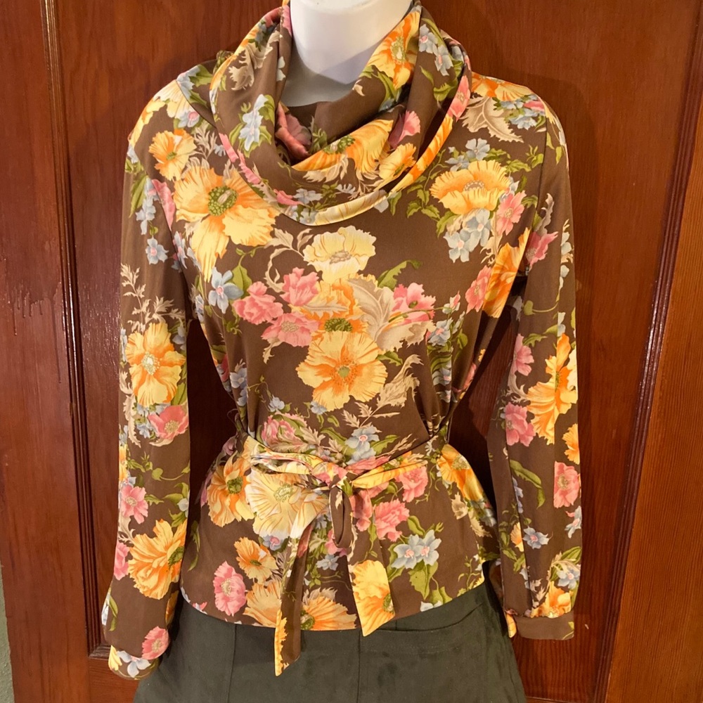Vintage 1970s Cowl neck floral Blouse Alex Colman
